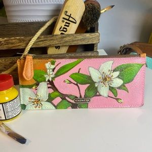 Coach hand-painted pencil, coin purse, brush case pink with orange blossoms